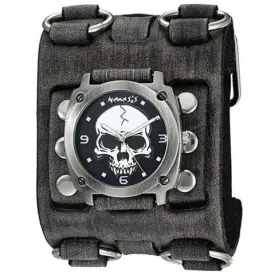 Skull Black Watch with Distressed Black Leather Ring Triple Strap Cuff