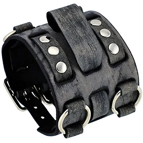 Skull Black Watch with Distressed Black Leather Ring Triple Strap Cuff