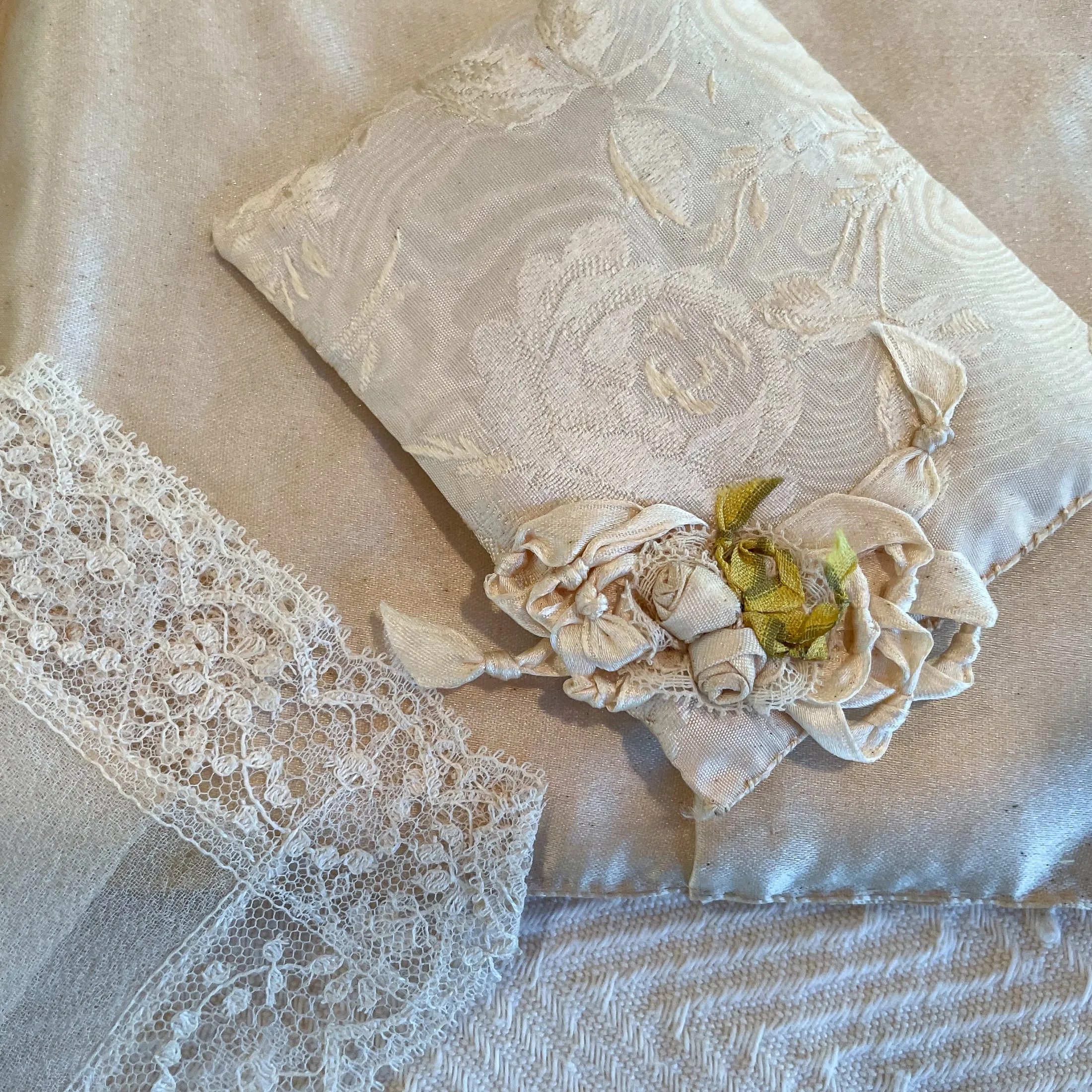 SOLD Antique Wedding Ring Pillow With Handkerchief & Sachet, 1920s Bridal Collection, Ribbon Lace Wedding Memento, Prop Costume Display