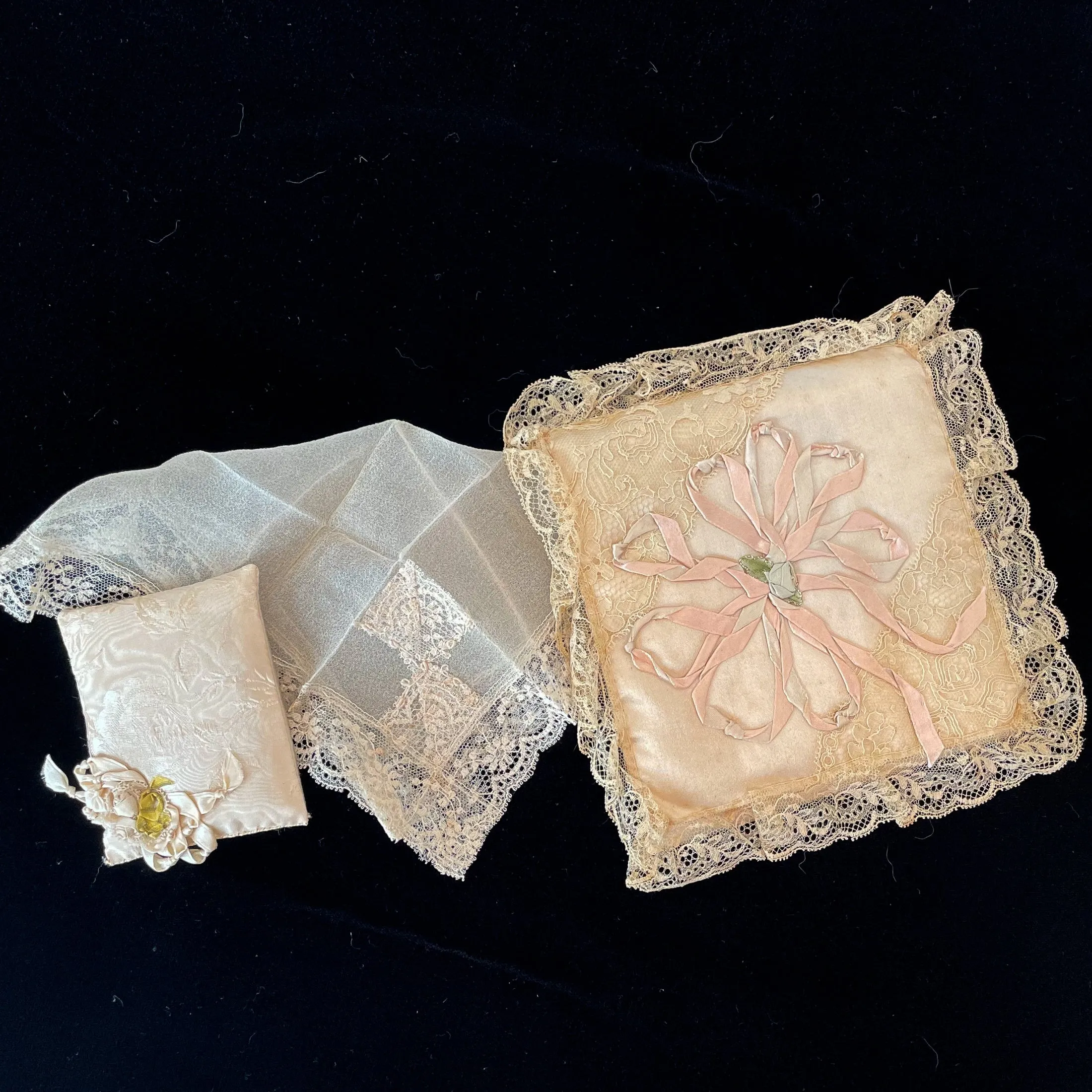 SOLD Antique Wedding Ring Pillow With Handkerchief & Sachet, 1920s Bridal Collection, Ribbon Lace Wedding Memento, Prop Costume Display