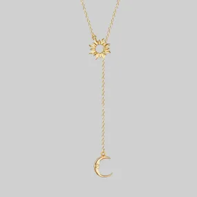 SOLSTICE. Sun & Moon Lariat Necklace - Gold