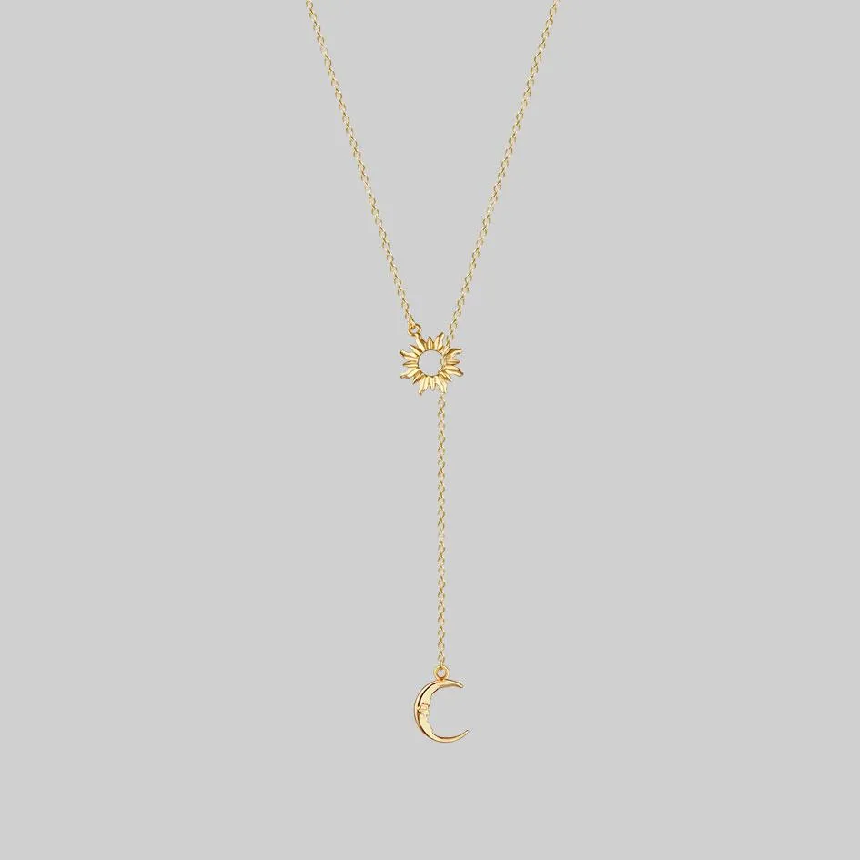 SOLSTICE. Sun & Moon Lariat Necklace - Gold