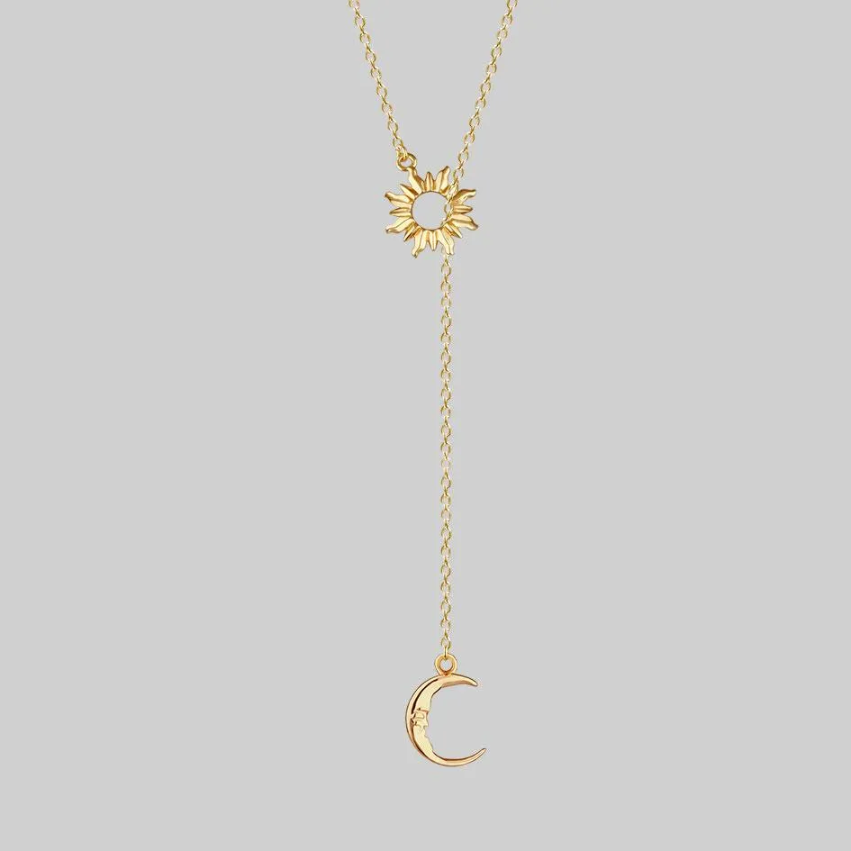 SOLSTICE. Sun & Moon Lariat Necklace - Gold