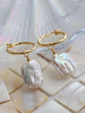 Square Baroque Pearl Drop Hoop Earrings