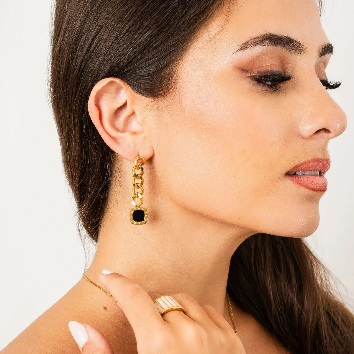 Square Latin Onyx Dangle Earrings - Gold