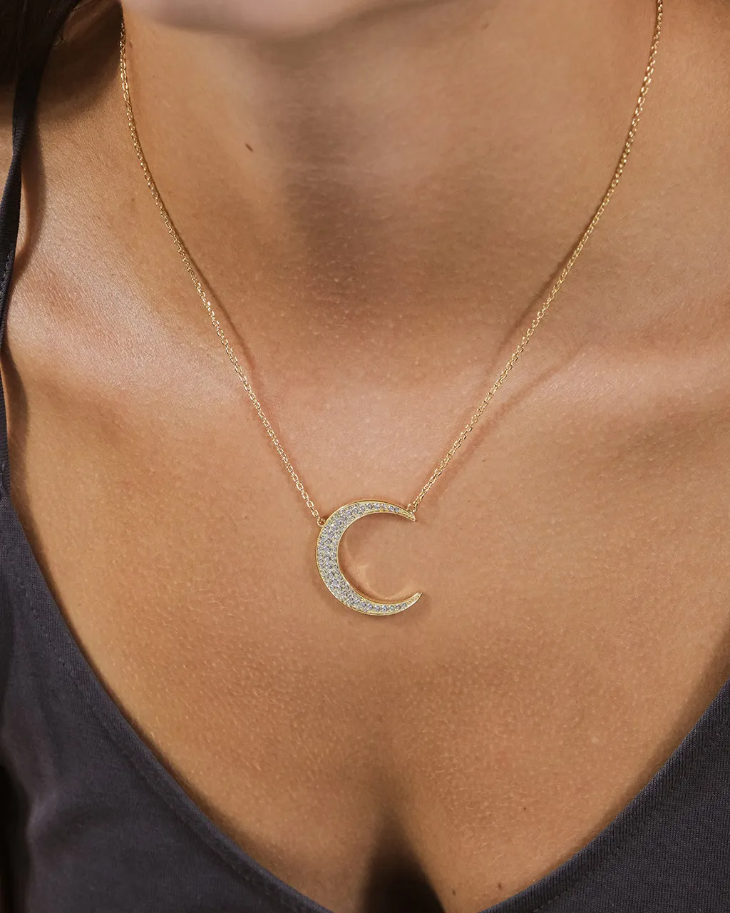 Stationed CZ Crescent Pendant Necklace