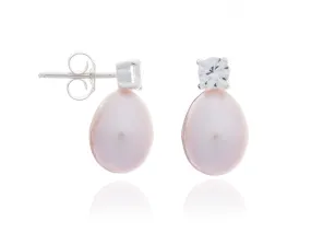 Tear Drop Pearl Studs with Crystal in Pink - Large