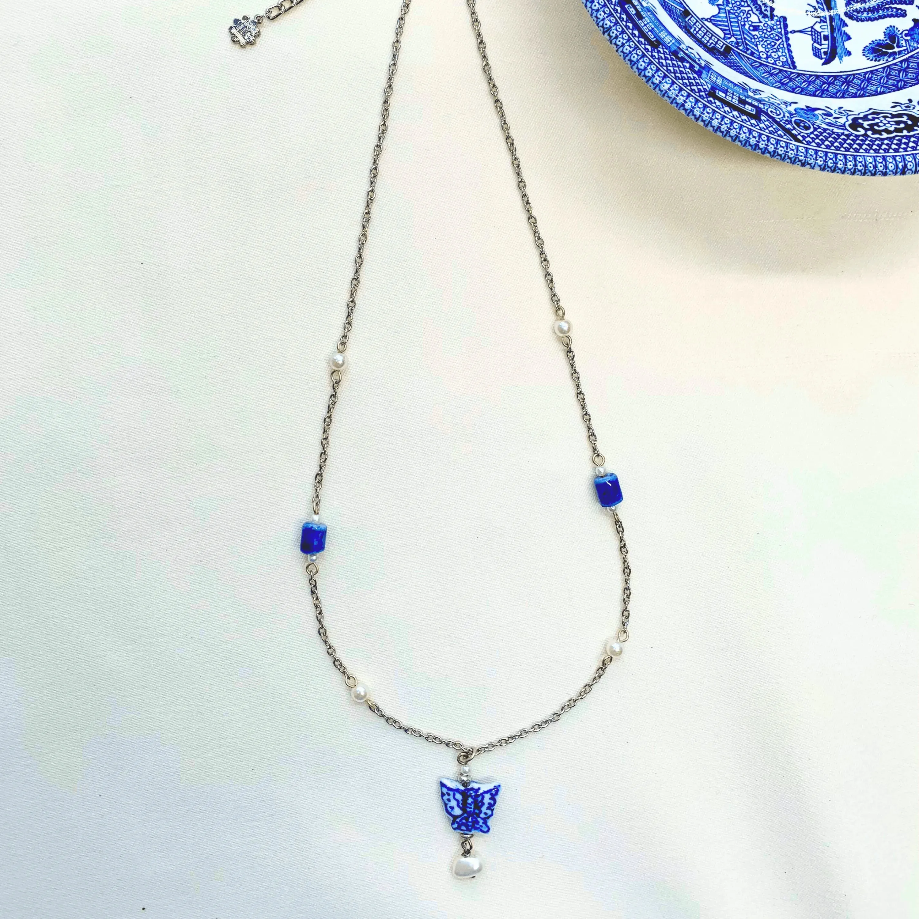 TFC Pearl and Butterfly Blue Pottery Silver Plated Pendant Necklace