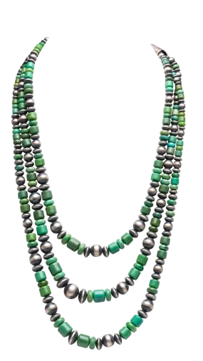 Three Strand Royston Turquoise and Navajo Pearl Necklace | Navajo Handmade