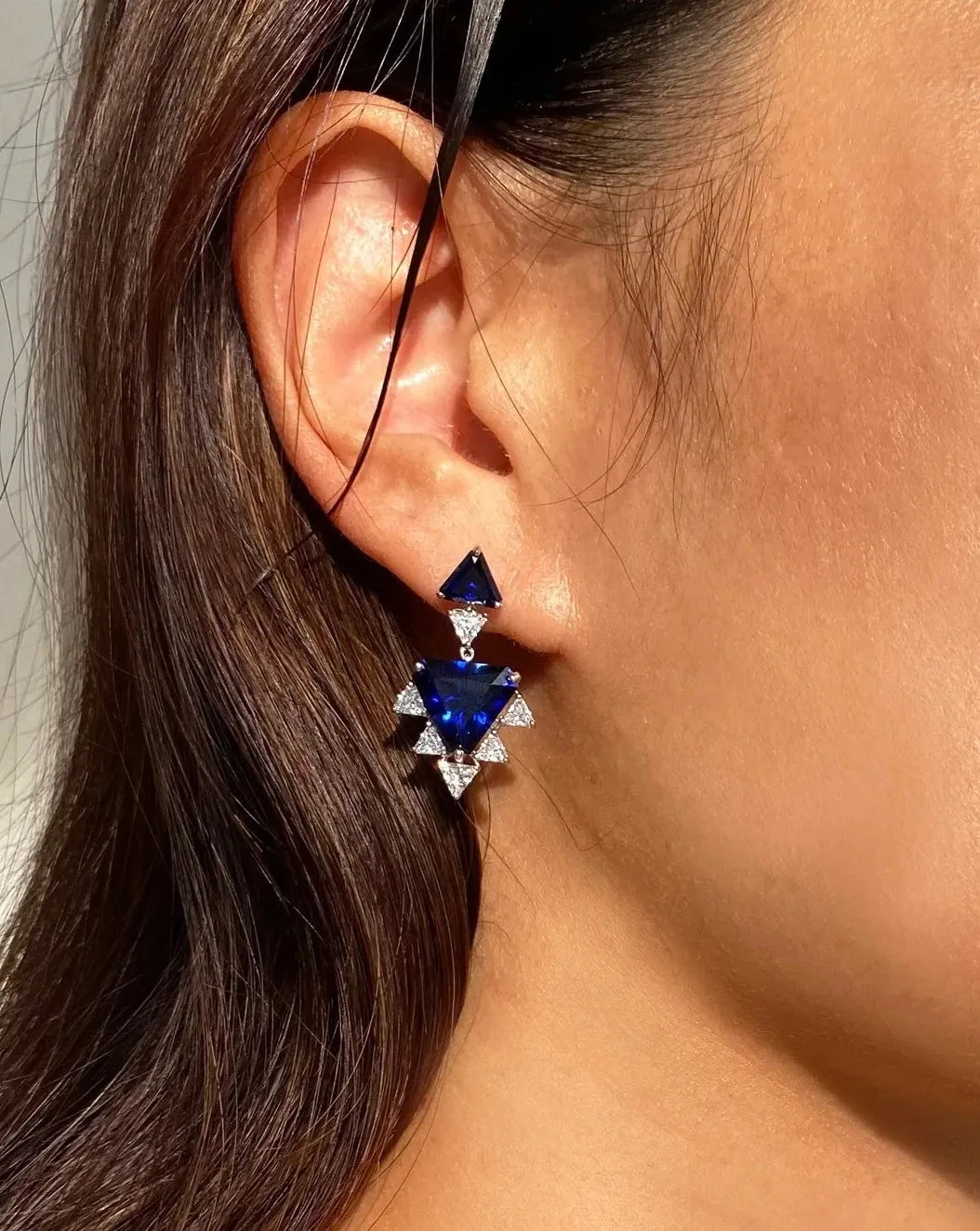 Triangle Cut Blue Sapphire Earrings