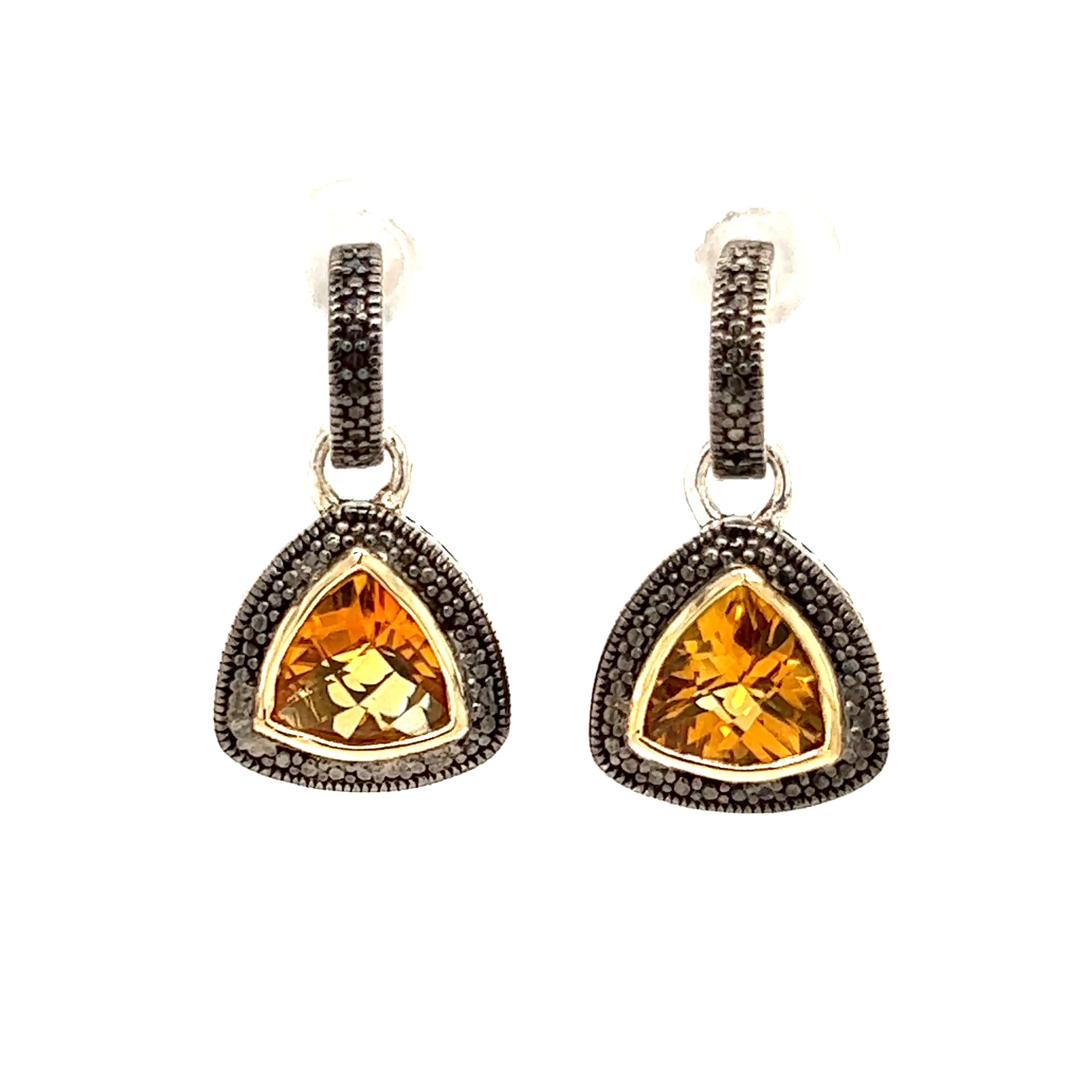 Trillion Citrine Dangle Earrings with 14K Yellow Gold Accent in Sterling Silver