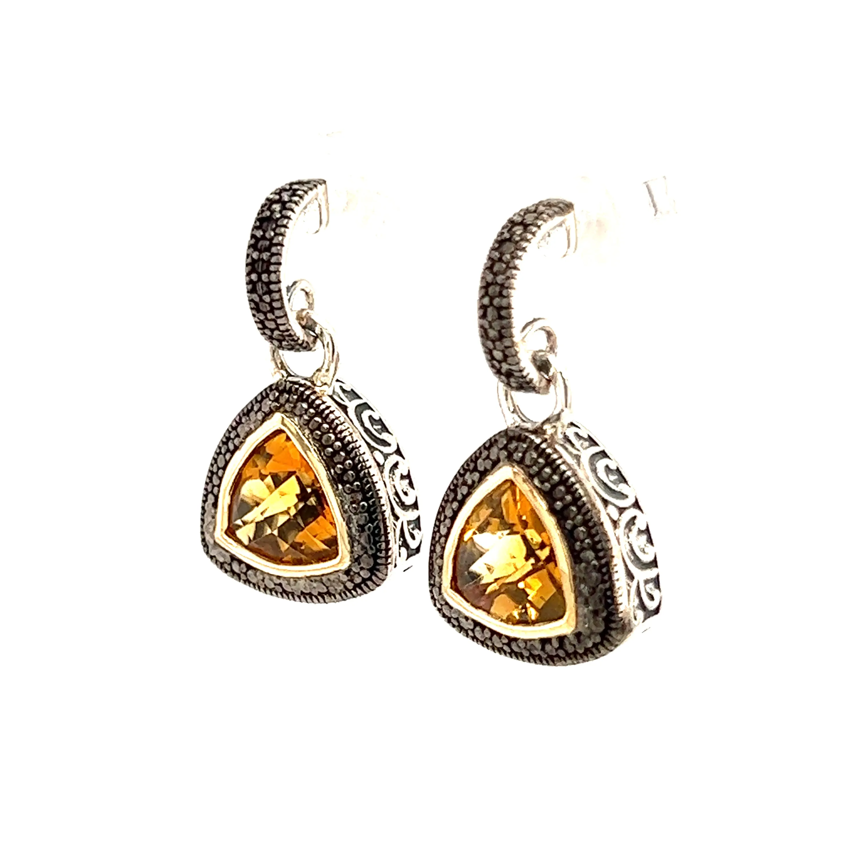 Trillion Citrine Dangle Earrings with 14K Yellow Gold Accent in Sterling Silver