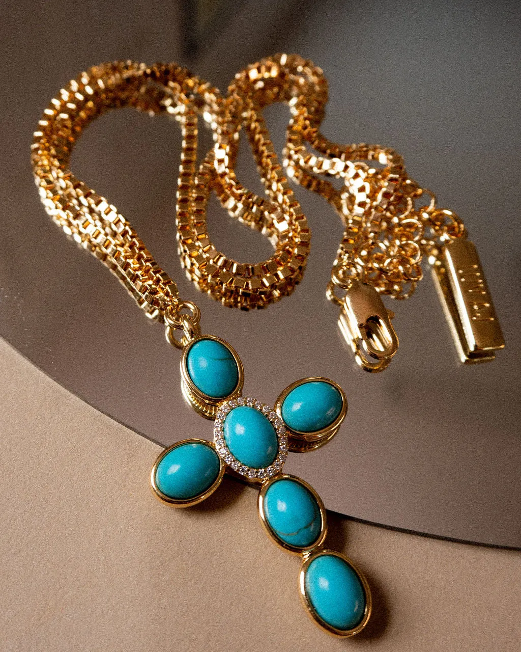 Turquoise Cross Necklace- Gold