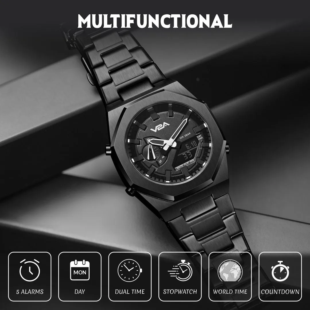 V2A Allure Multifunctional Analogue-Digital Watch for Men, Alloy Case, Stainless Steel Band, 30M Water Resistant, 5 Alarms, World Time, Countdown, Stopwatch Men Watch | Birthday Gift for Men