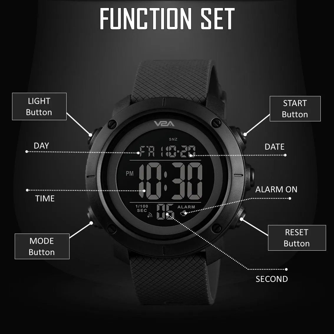 V2A Black Countdown Timer Sports Watch For Men and Boys