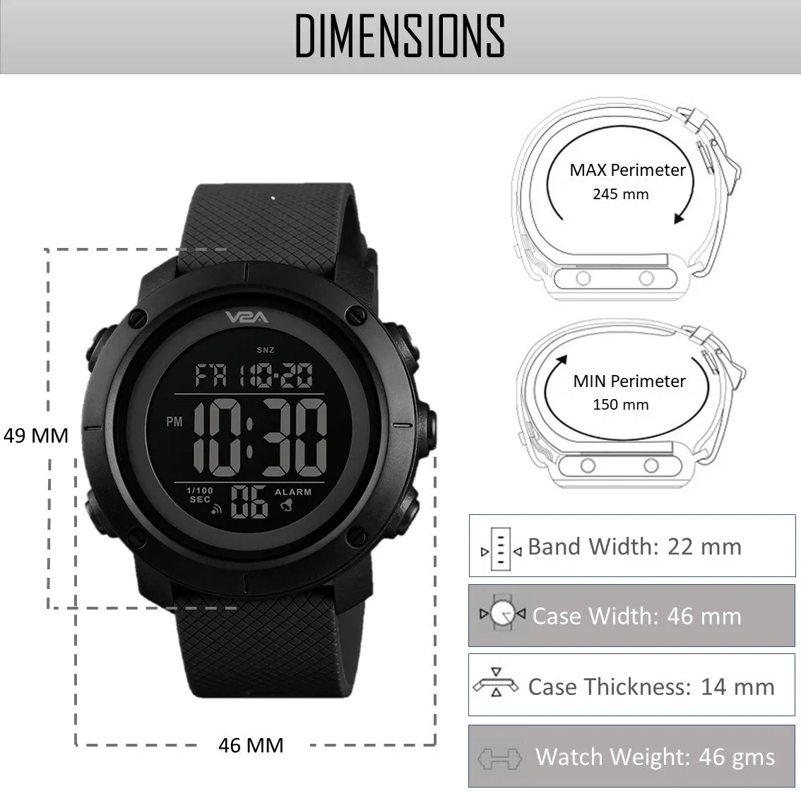 V2A Black Countdown Timer Sports Watch For Men and Boys