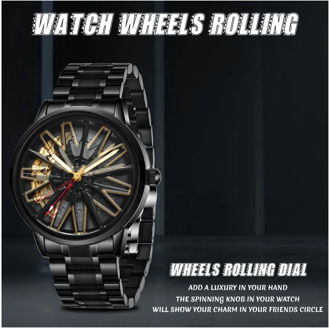 V2A Vortex Wheel Rolling Series Men’s Analog Watch Open Dial Watch – Car Wheel-Inspired Design, Hollow Out Elegance Casual Watch for Men | Gift for Men