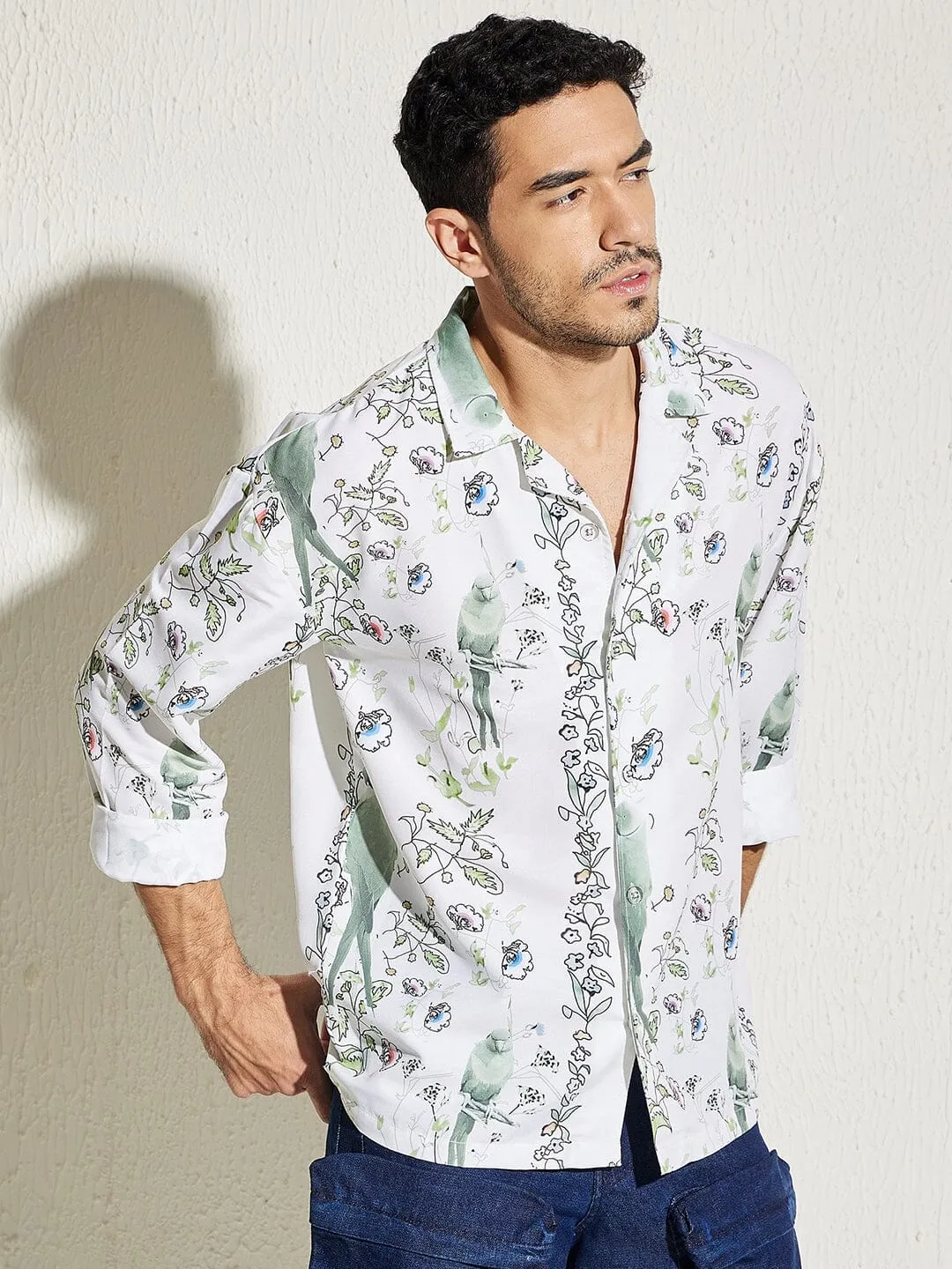 White Parrot Print Cuban Shirt