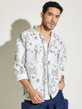 White Parrot Print Cuban Shirt