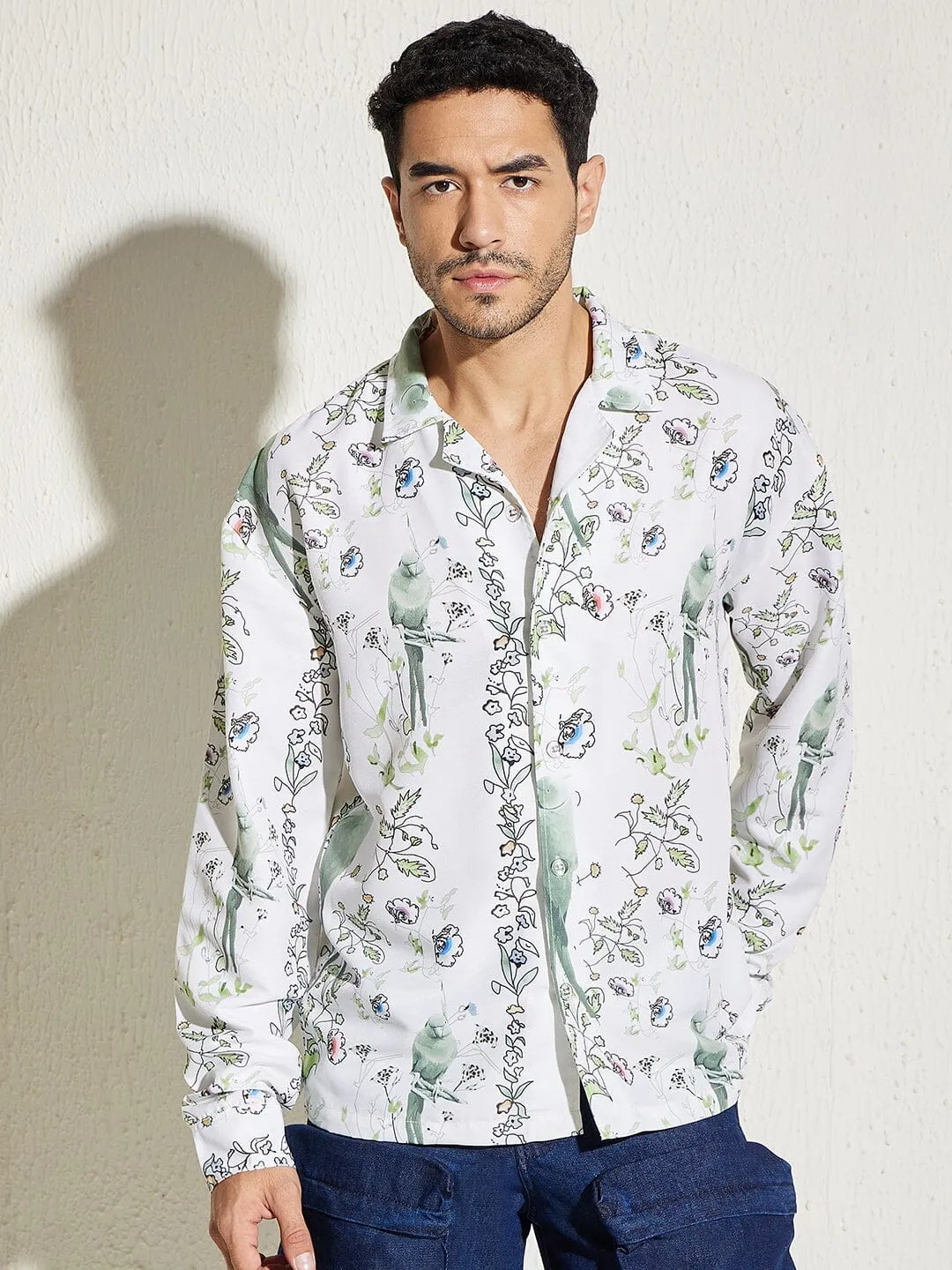 White Parrot Print Cuban Shirt