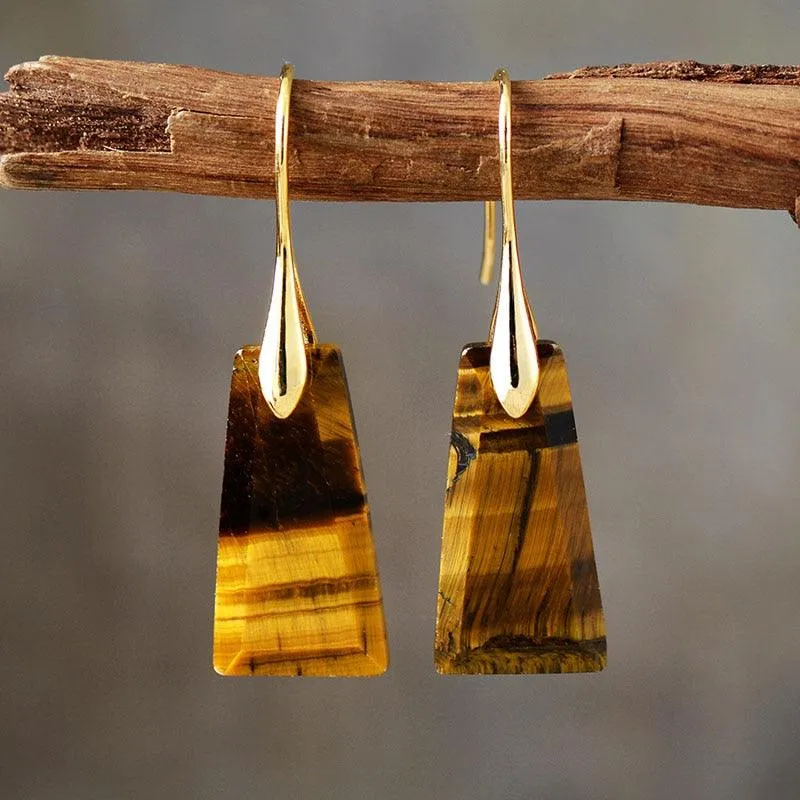 Wiluray Tigers Eye Gold Drop Earrings