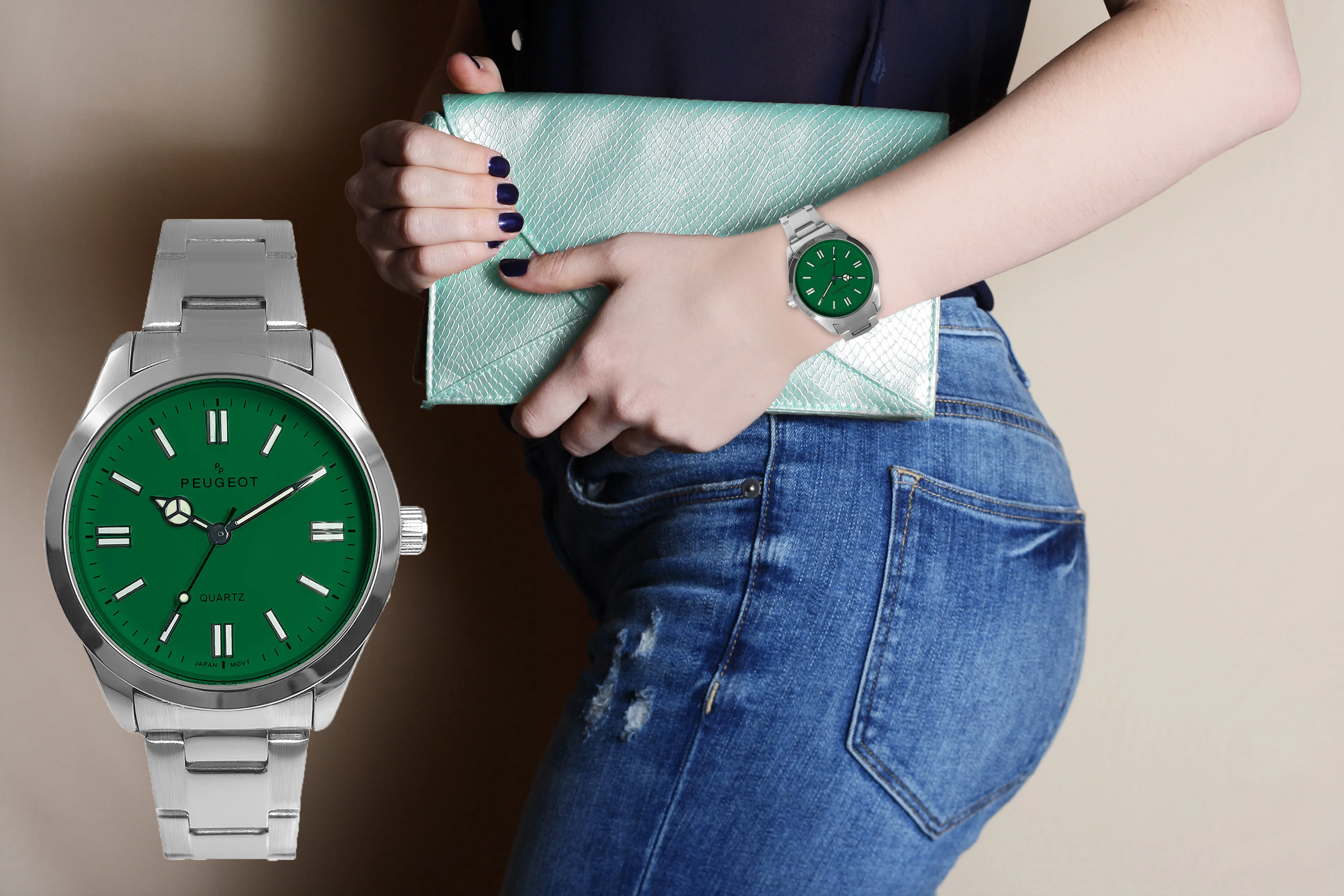 Women's 36mm Sport Watch with Green Dial and Stainless Steel Bracelet